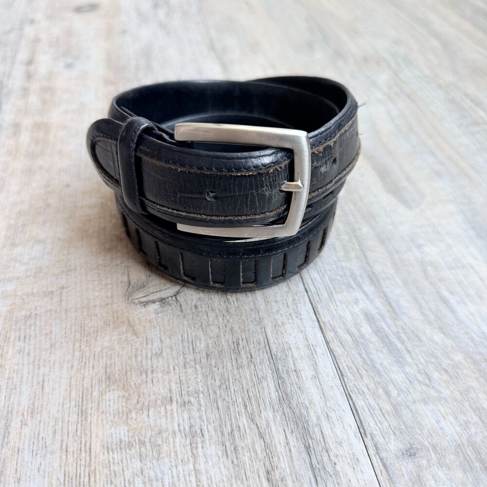 Vintage Black Genuine Leather Belt Textured Inlay Silver Buckle Size 36